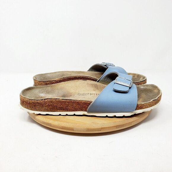Birkenstock Madrid Sandals 38 Womens 7 Shoes Blue Slide Buckle Strap Flats WORN - Picture 1 of 14